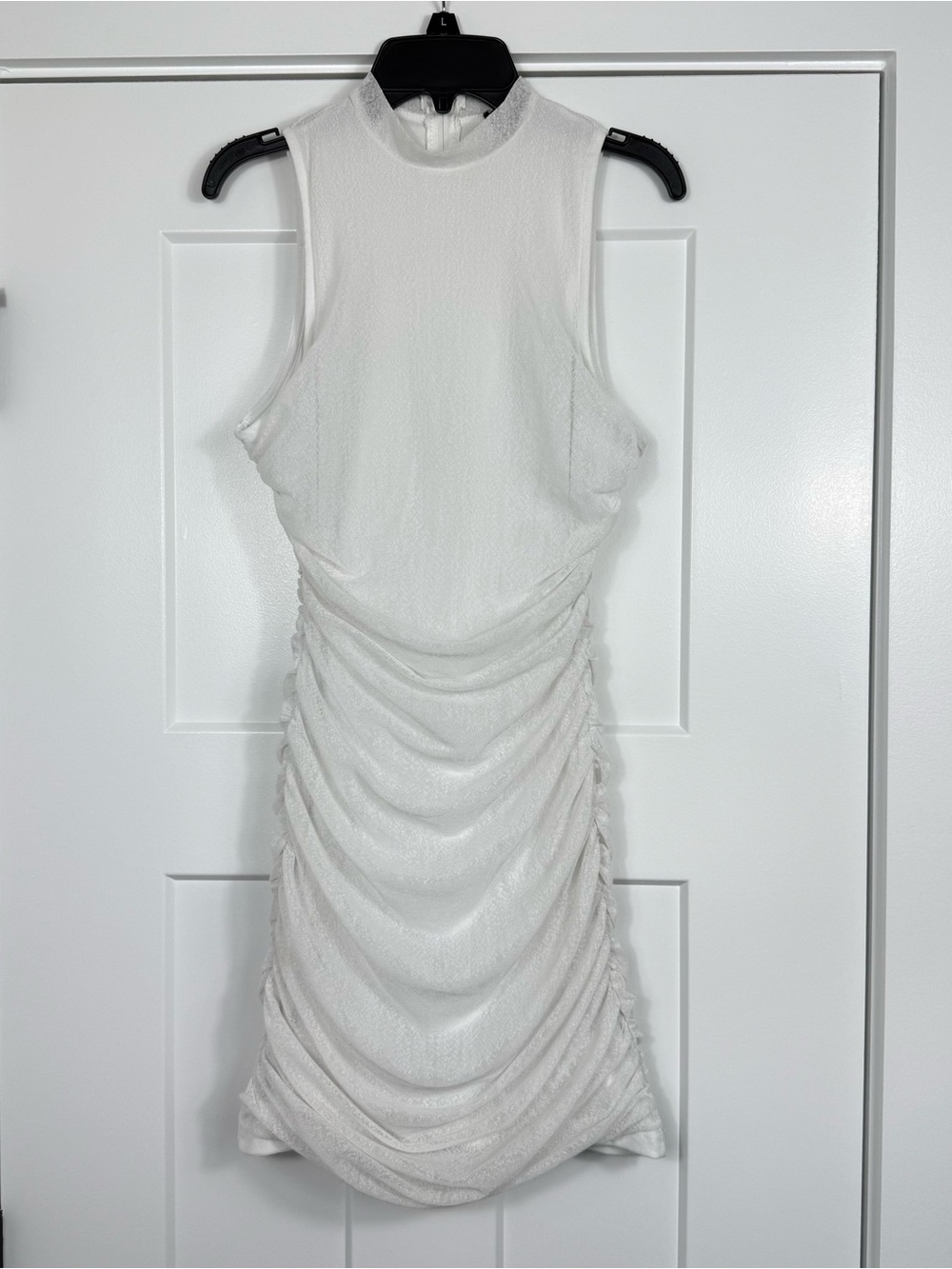 Lulu’s Modern Movement White Mesh Ruched Mock Neck Mini Dress Size Small